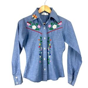 VTG 70s Lemon Frog Chambray Shirt Embroidered Panda Western Sz XS / S  Cottage